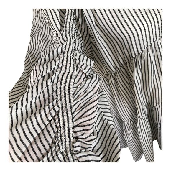 FRAME Shirred Babydoll Mini Dress Boho Cowgirl Black White Stripe Puff Sleeve S - Picture 8 of 16